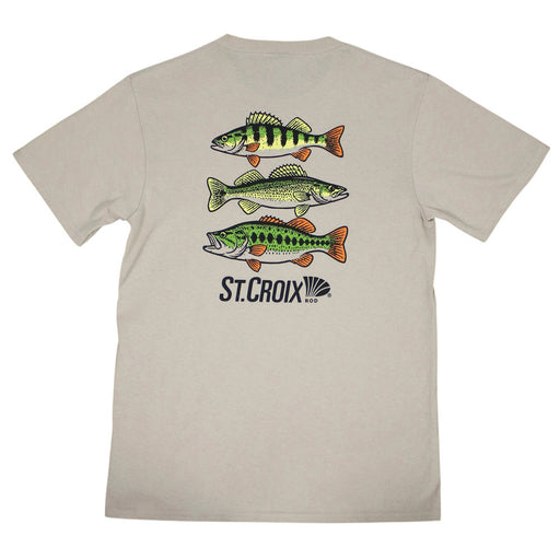 A light beige crewneck t-shirt shown from the back, featuring a graphic print of three green and orange fish and the St. Croix logo.