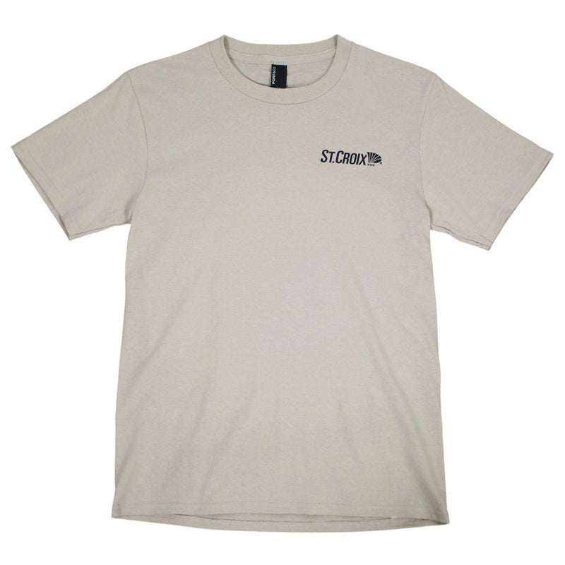 A light beige crewneck t-shirt with a small black 'ST. CROIX' logo printed on the left chest, displayed flat against a white background.