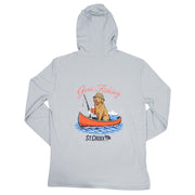 A light gray long-sleeve performance hoodie shown from the back, featuring a graphic of a dog in an orange canoe with the text 'Gone Fishing' and 'St. Croix' below it.