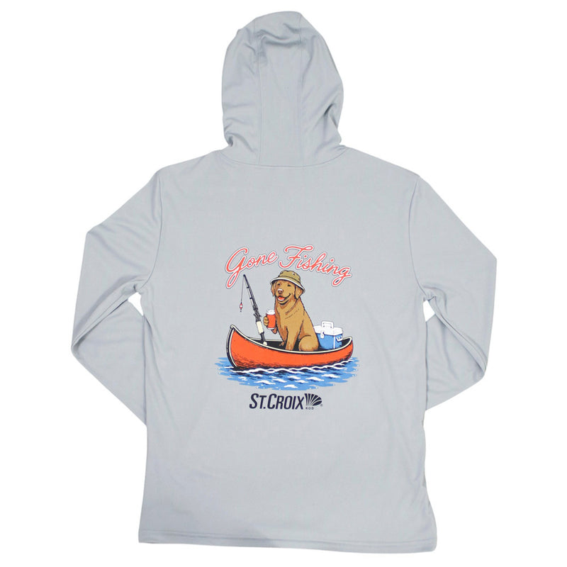 A light gray long-sleeve performance hoodie shown from the back, featuring a graphic of a dog in an orange canoe with the text 'Gone Fishing' and 'St. Croix' below it.