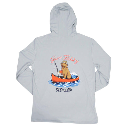 A light gray long-sleeve performance hoodie shown from the back, featuring a graphic of a dog in an orange canoe with the text 'Gone Fishing' and 'St. Croix' below it.