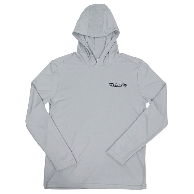 A light gray long-sleeve hooded shirt with a small black 'ST CROIX' logo printed on the left chest.