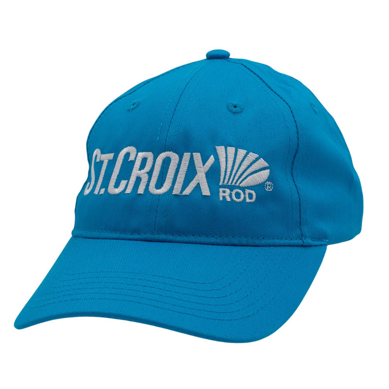 A bright blue baseball cap with 'ST. CROIX ROD' embroidered in white on the front.