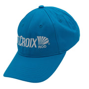 A bright blue baseball cap with white embroidered text and a logo on the front, shown on a plain white background.