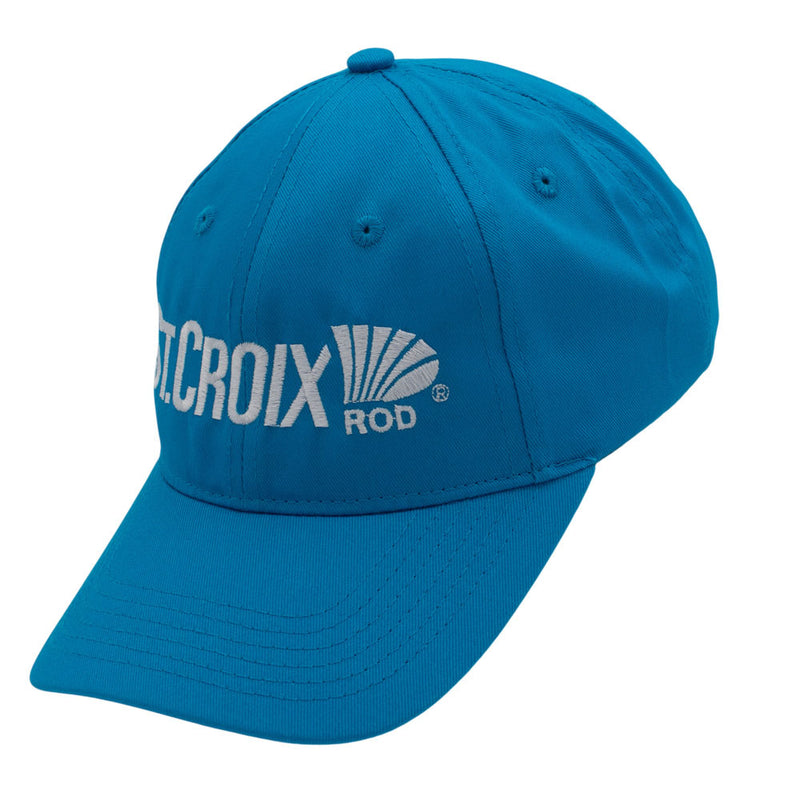 A bright blue baseball cap with white embroidered text and a logo on the front, shown on a plain white background.