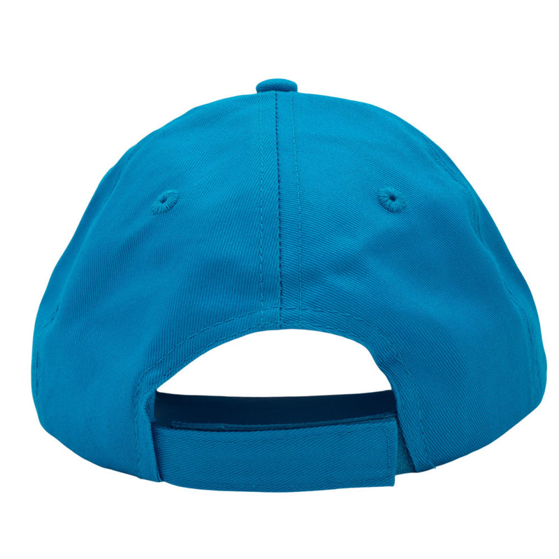 Bright blue canvas back of a hat with a velcro closure.