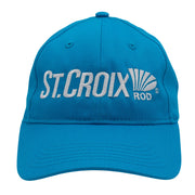 Front of a bright blue baseball cap with 'ST. CROIX ROD' embroidered in white on the front, shown against a plain white background.
