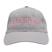 Front of a light gray baseball cap with pink embroidered text reading 'ST. CROIX ROD' with a shell graphic.