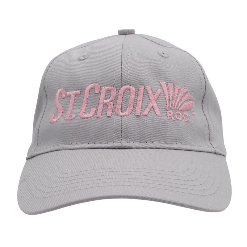 Front of a light gray baseball cap with pink embroidered text reading 'ST. CROIX ROD' with a shell graphic.