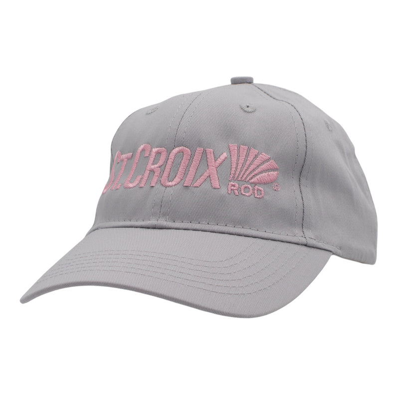 A light gray baseball cap with pink embroidered text reading 'ST. CROIX ROD' and a pink shell graphic on the front, shown against a plain white background.