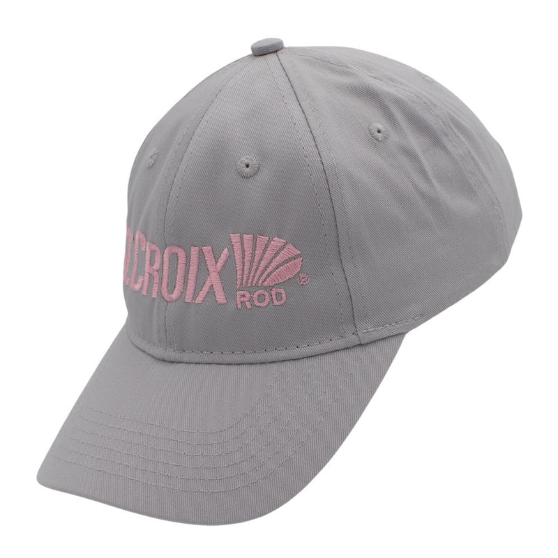 Side of a light gray baseball cap with pink embroidered text on the front.