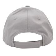 The back view of a light gray baseball cap with an adjustable strap.
