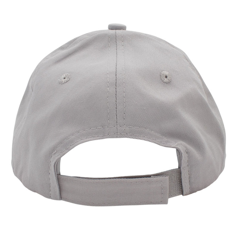 The back view of a light gray baseball cap with an adjustable strap.