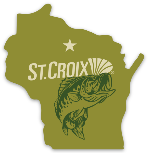 A die-cut sticker or decal shaped like the state of Wisconsin, featuring an olive green background with a cream-colored St. Croix fish logo and star.